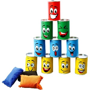Juego de punteria para niños con latas de colores y dibujos de emojis